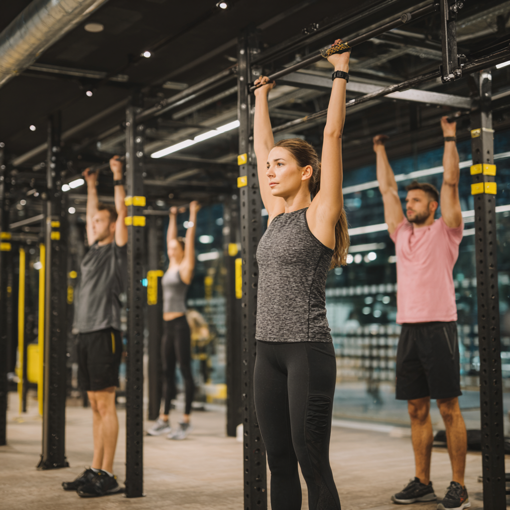 Diverse group of Slovak adults aged 20-60 exercising together in a bright fitness studio, showing intergenerational wellness and community fitness approach